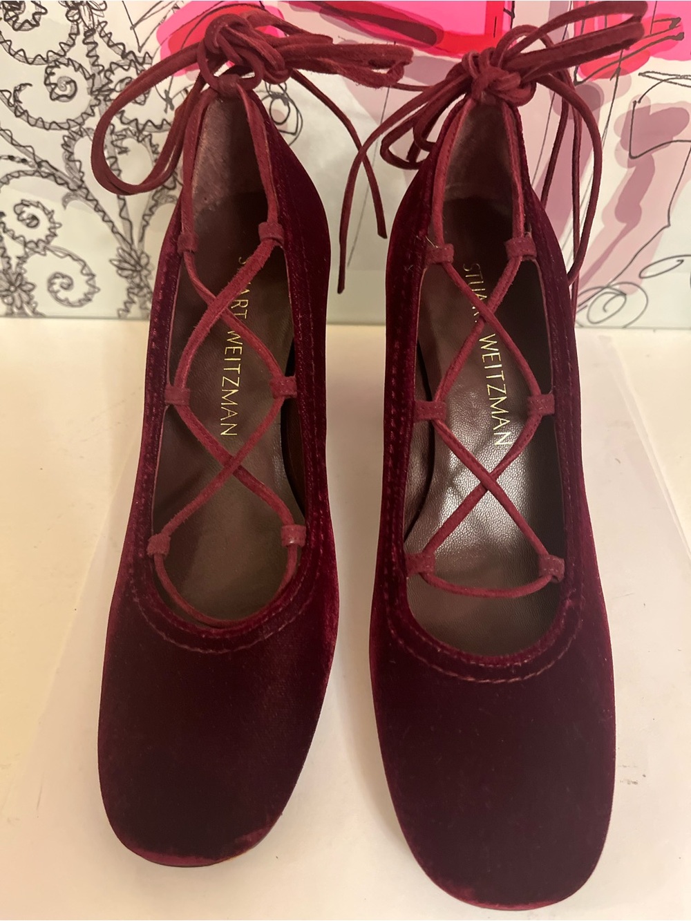Stuart Weitzman Burgundy Velvet Lace-Up Ballet Block Heel Pumps NWOB - Size 5M